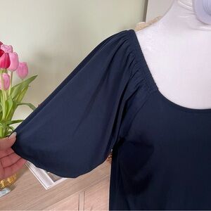 Navy Blue Bubble Sleeve Off-Shoulder Round Neck Relaxed Fit Baggy Shirt Blouse S
